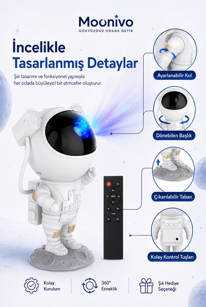 Moonivo Astronot Galaksi Projektör Gece Lambası